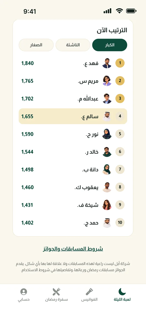 شاشة ترتيب الليلة